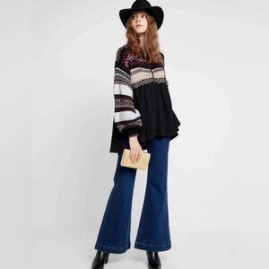 Free People Cozy Cottage Embroidered Sweater Size XS Black Balloon Sleeve New